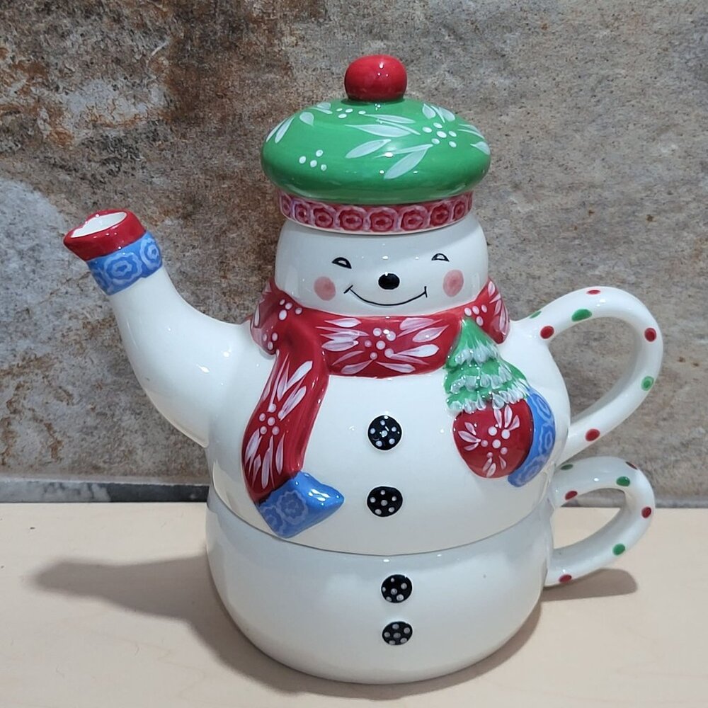Temptations by Tara 3 Piece Ceramic Stacking Snowman Teapot Mug Cup Set